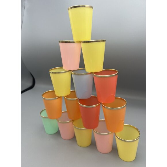 15 MCM Glasses Plastic Shot Mini Dessert KIH Vtg Hong Kong Multicolor Gold Band - Picture 14 of 16